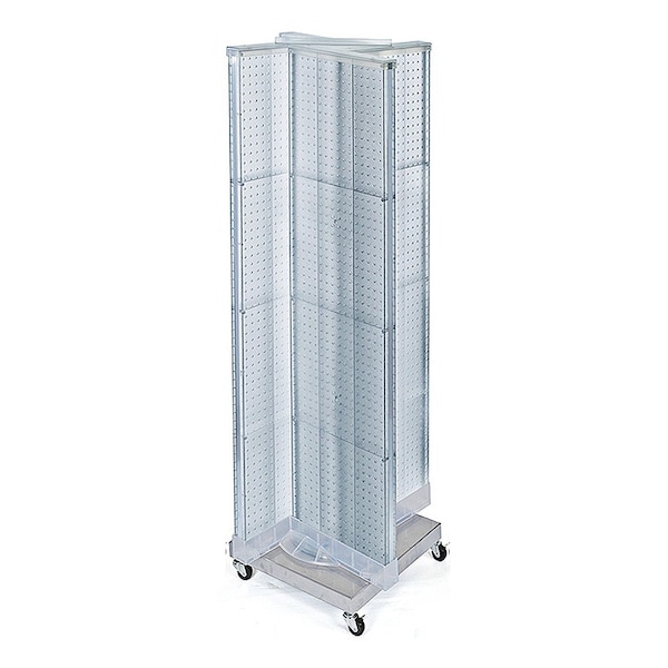 Pinwheel Pegboard Floor Display on Revolving Wheeled Base. Spinner Rack Stand.
